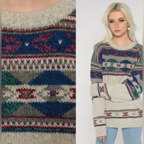 Vintage Geometric Woolrich Sweater 80s Grunge Grey Jacquard Prin - Picture 1 of 5